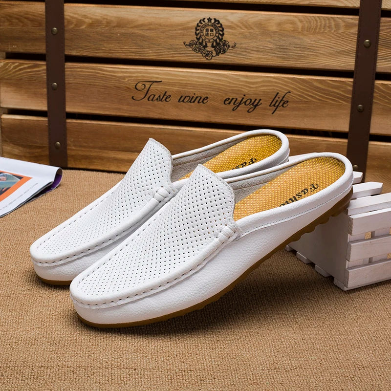 Summer Men's Shoes Casual Brand Mens Breathable Loafers Genuine Leather Half Slipper For Men Slip on Lazy Driving Shoe Moccasins