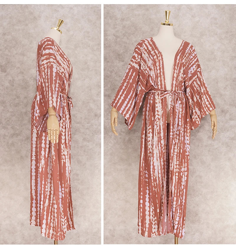 2023 Bikini Cover-ups Black Retro Striped Self Belted Women Summer Clothing Kimono Dress Beach Wear Swim Suit Cover Up Q1225