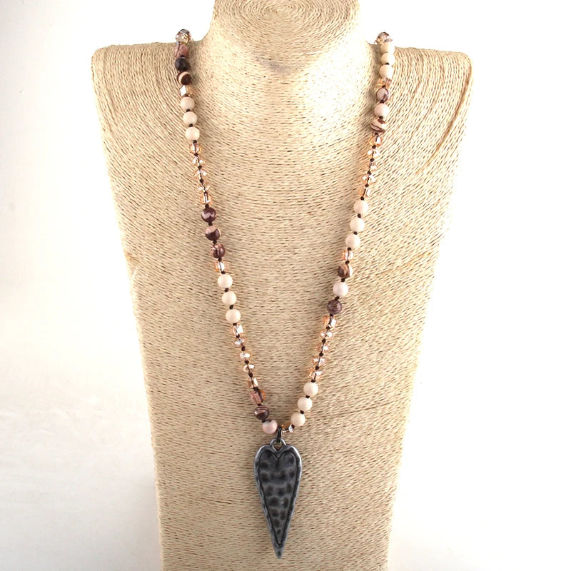 Fashion Bohemian Tribal Jewelry Multi Stone Beige Glass Long Knotted Black Metal Heart Pendant Necklaces
