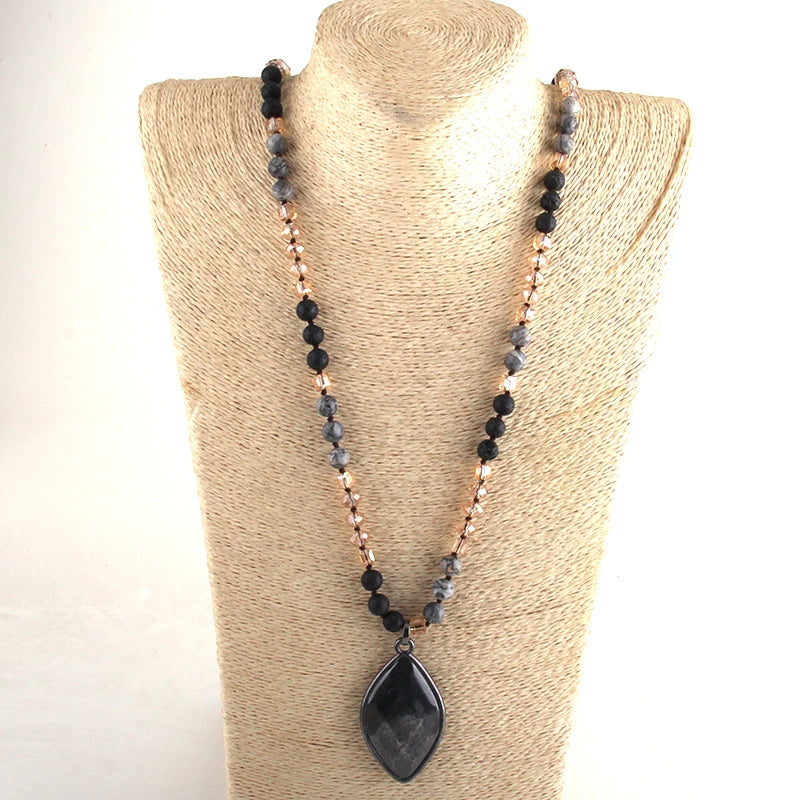 Fashion Bohemian Tribal Jewelry Multi Stone Beige Glass Long Knotted Black Metal Heart Pendant Necklaces