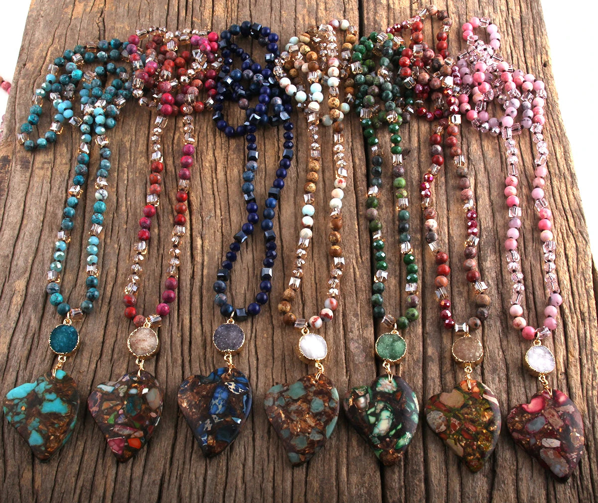 Fashion Bohemian Jewelry Boho Gift Natural Stones With Druzy Links Heart Stone Pendant Necklaces For Women