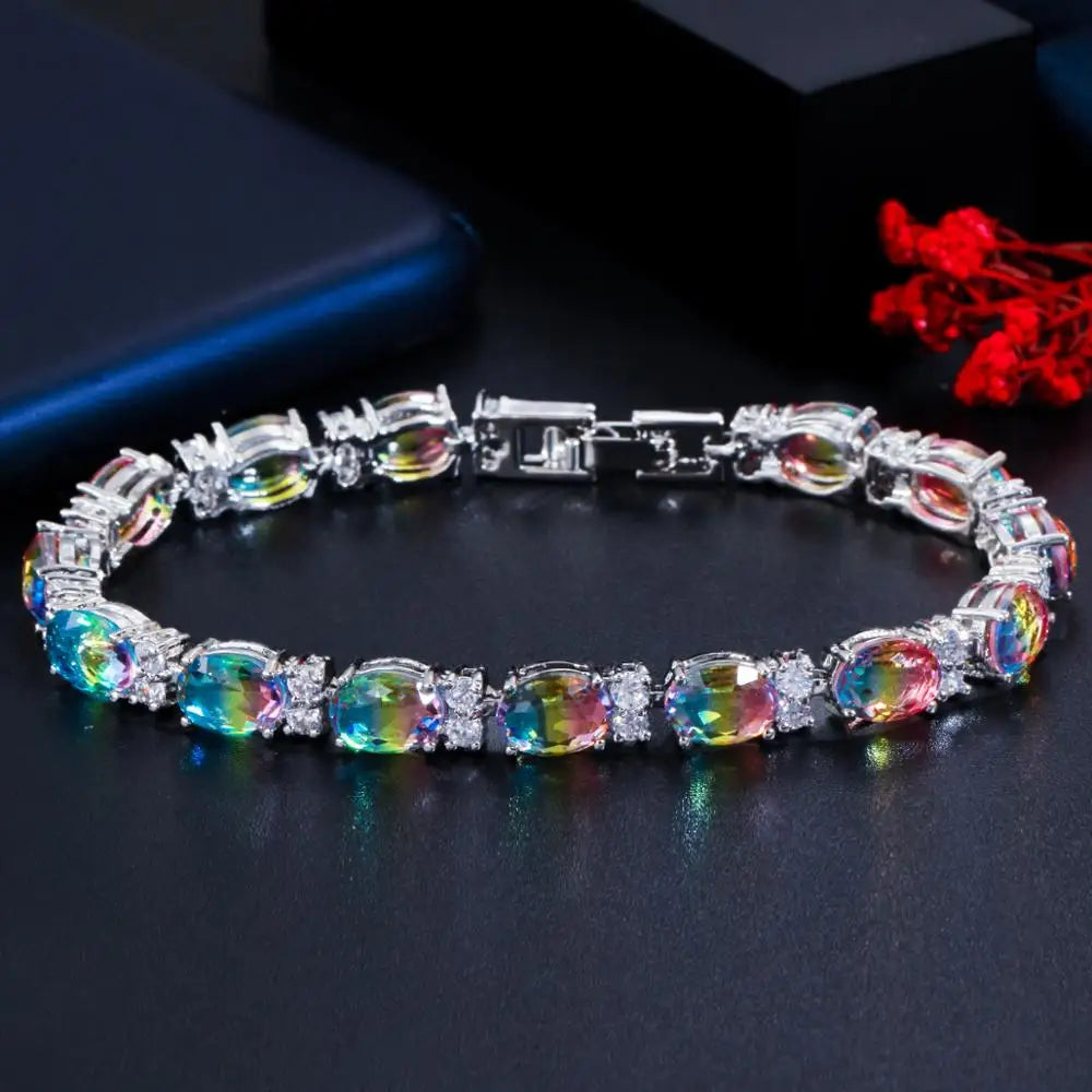 ThreeGraces Brilliant Multi Rainbow Cubic Zirconia Silver Color Wedding Colorful Bracelets for Women Fashion Party Jewelry BR147