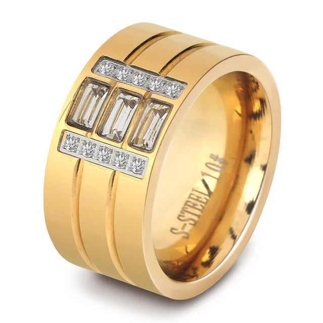New Arrival Gold-Color Ring Bijoux 14mm Width Big Pave Setting CZ Zicon engagement Ring For Women Wedding  Jewelry