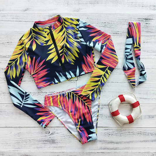 2023 Sexy Long Sleeve Bikinis Women Swimsuit Green Leaves Print Bathing Suits Beachwear Brazilian Bikini Set Biquini Female