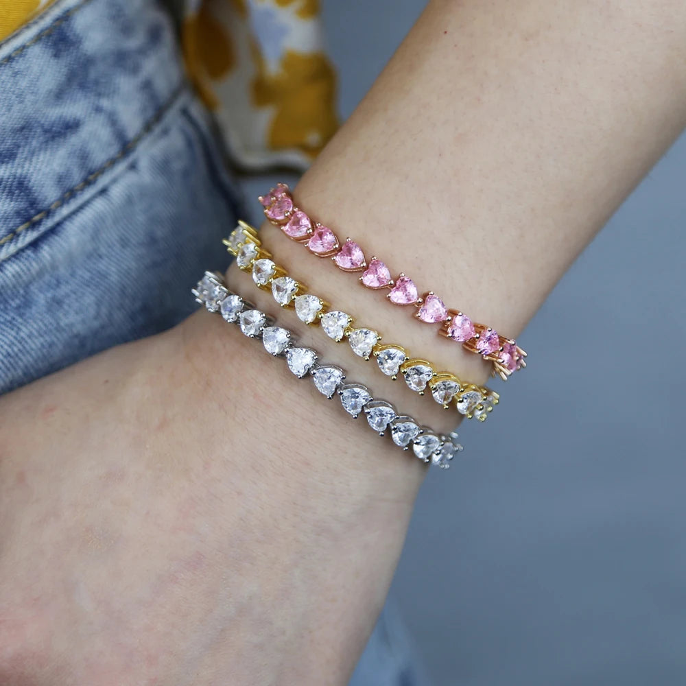 Iced Out Bling White Pink Heart Cubic Zirconia CZ Tennis Chain Bracelet 17cm 19cm 21cm Iced Out Bling Girlfriend Gift Jewelry
