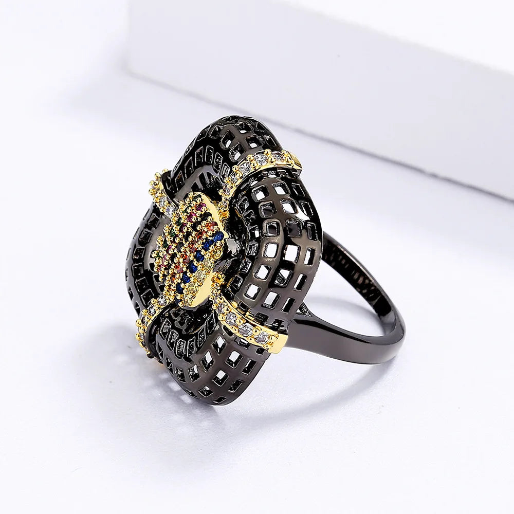 925 Silver Women's Ring Exquisite Black Gold Flower Ring Inlaid Colorful Zircon Geometric Couple Ring Black Gold Jewelry