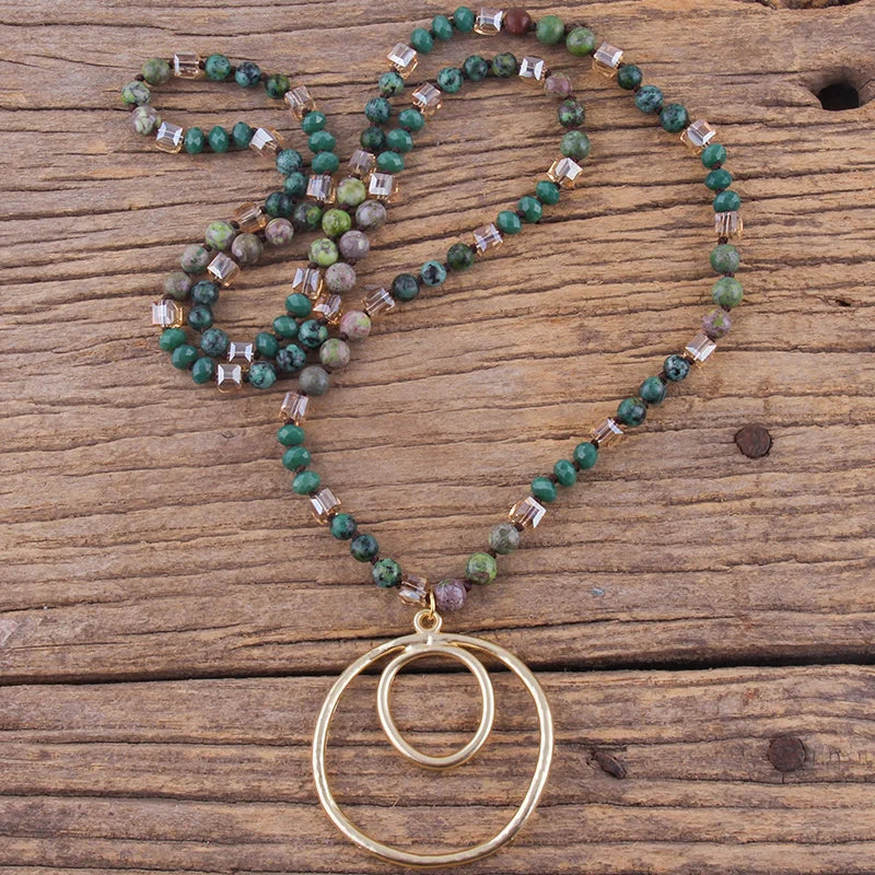 Fashion Bohemian Jewelry Accessory 6mm Stones/Crystal Knotted With Metal Round Pendant Necklaces Women Boho Gift