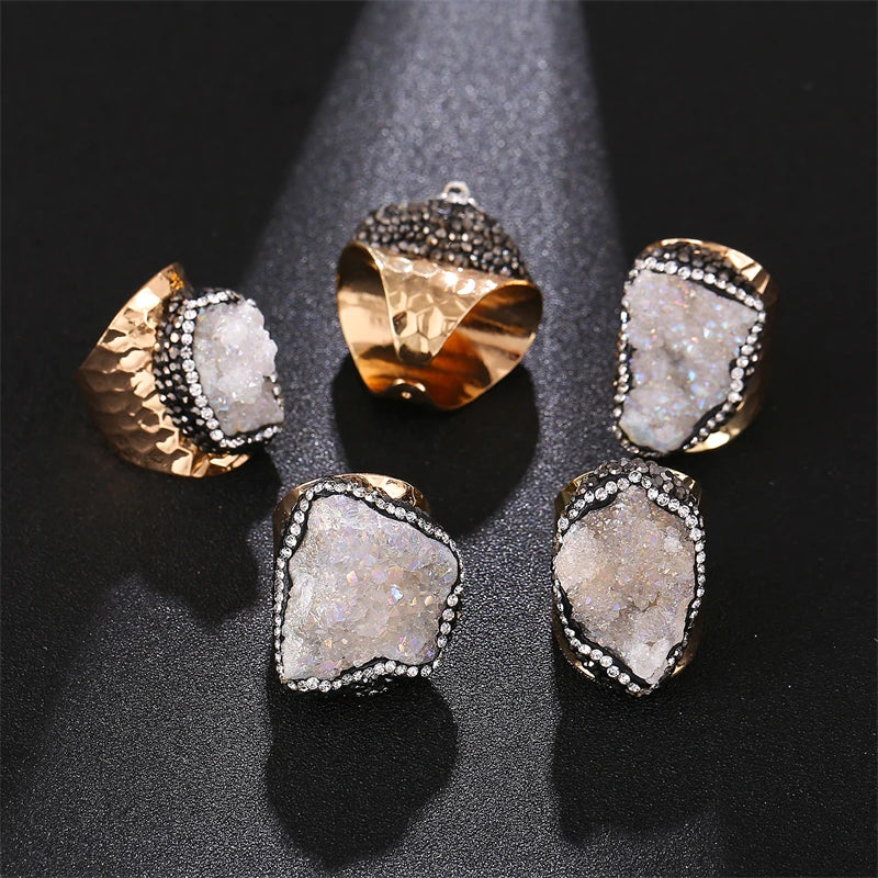 Irregular Micro Inlay Druzy Quartz Stone Open Ring for Women Gold Plated Boho Finger Jewelry Resizable