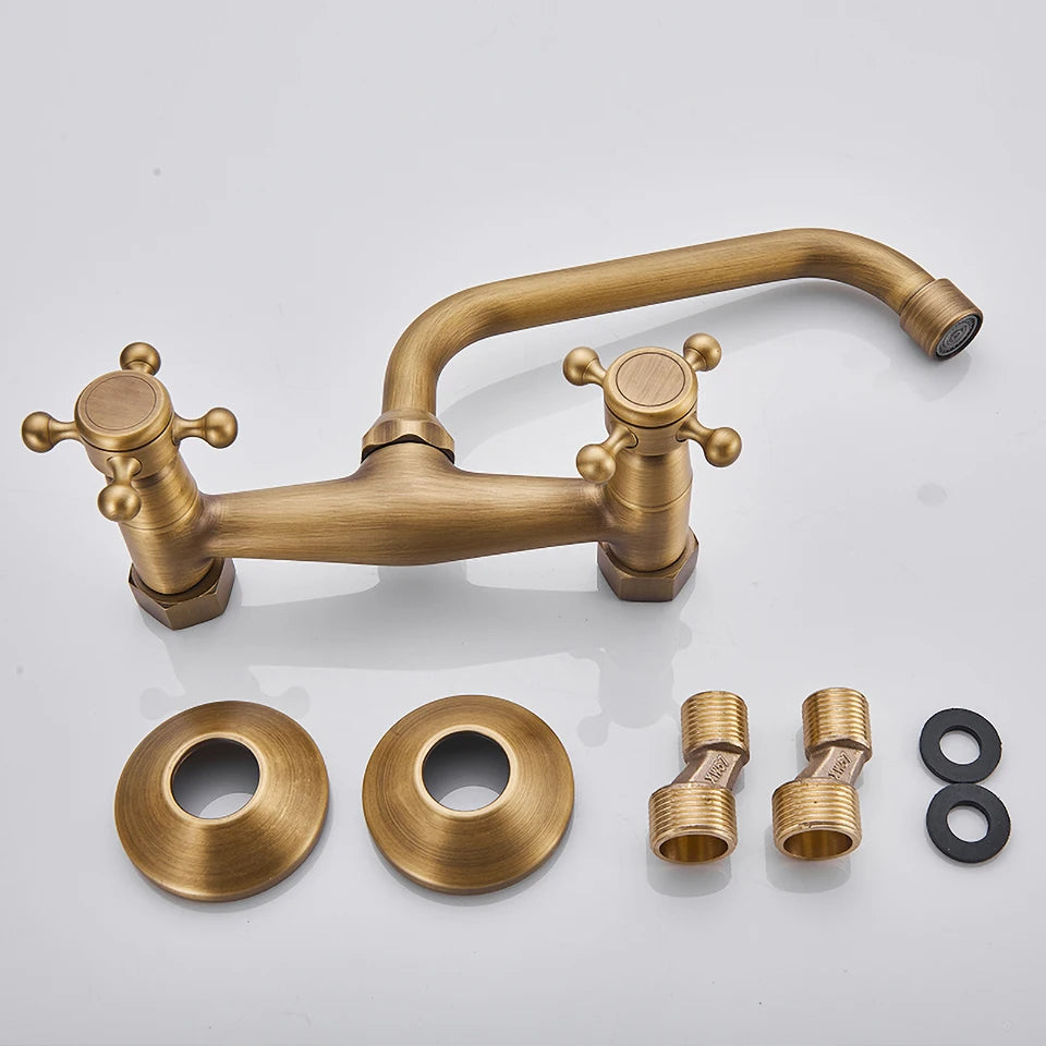 Antique Brass Kitchen Faucet Hot And Cold Water Mixer Faucets Wall Mounted Tap Vessel Sink Mixer Tap Swivel Spout Basin Mixer