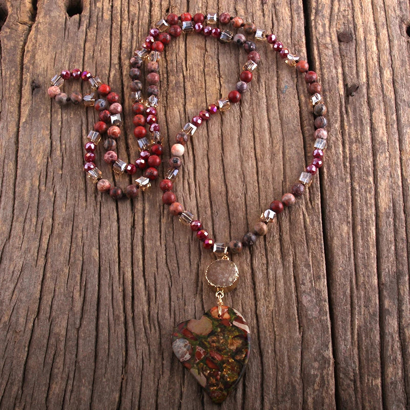 Fashion Bohemian Jewelry Boho Gift Natural Stones With Druzy Links Heart Stone Pendant Necklaces For Women