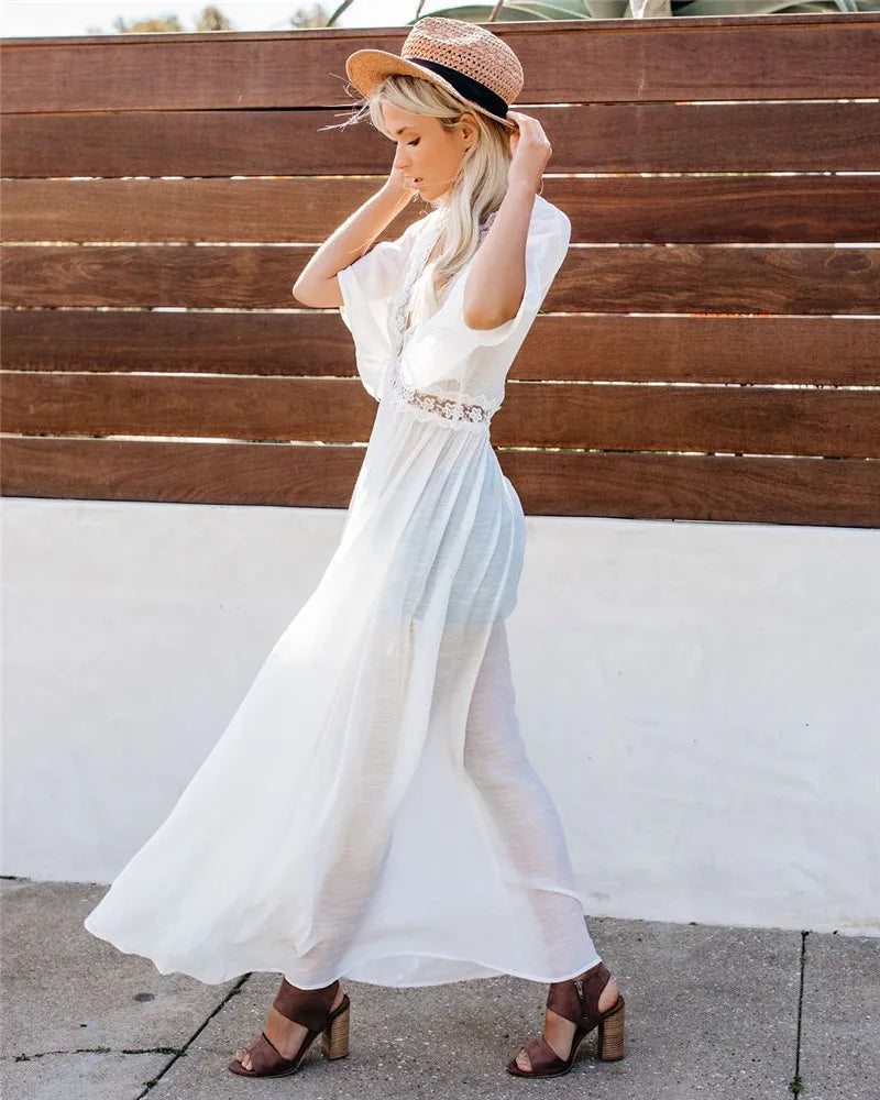 2024 Crochet White Knitted Beach Cover Up Dress Tunic Long Pareos Bikinis Cover Ups Swim Cover Up Robe Plage Beachwear