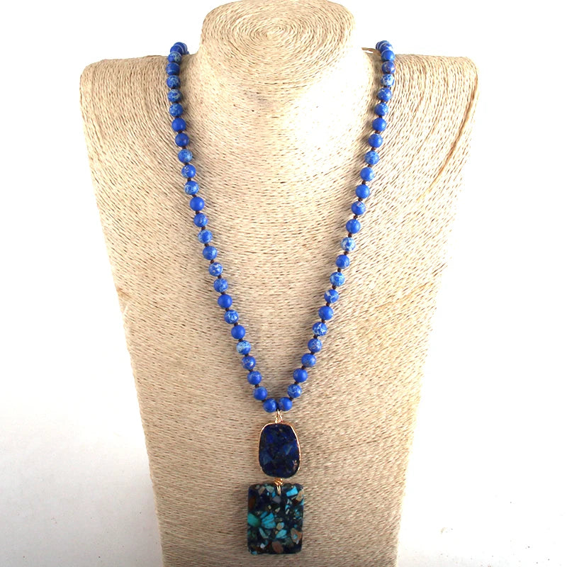Fashion Bohemian Jewelry Gorgeous Gems Long Knotted With Semi Precious Stone Pendant Necklaces For Women Boho Necklace