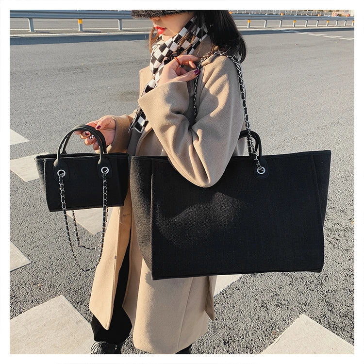 Women Tote Bag Fashion Canvas Large Capacity Handbag Casual Chains Shoulder Bags Ladies Big Messenger Bag Shopping Bag