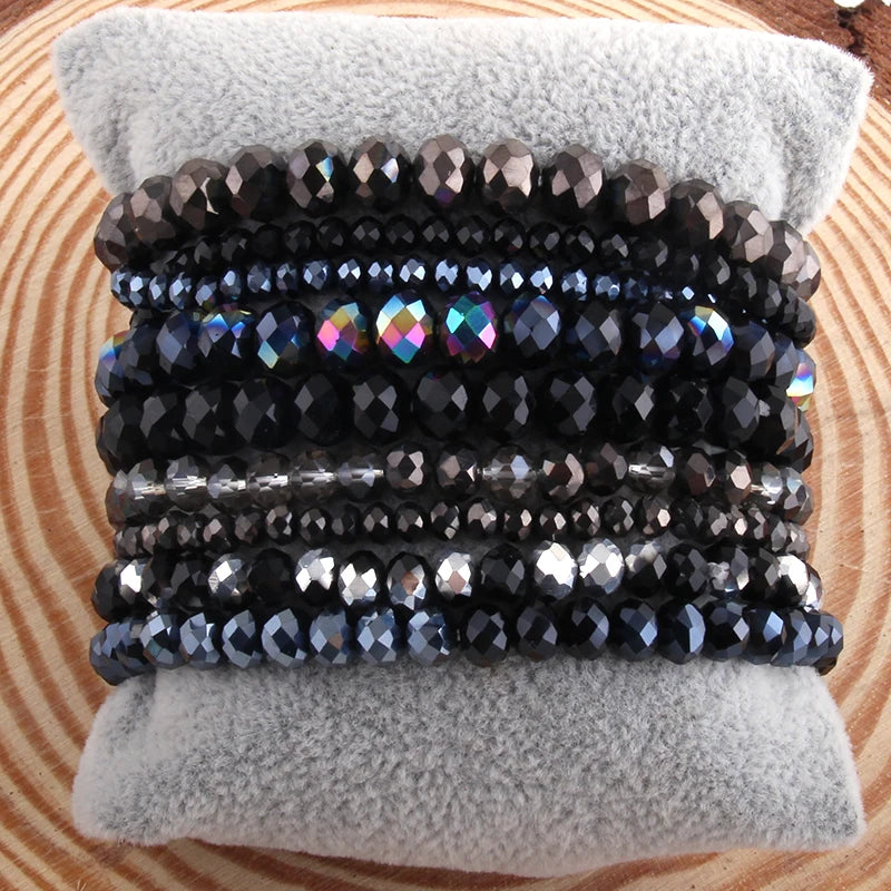 Fashion Designer Beaded Bracelet Set 9pc Glass Crystal Multi Stack Bracelets Set For Women Jewelry