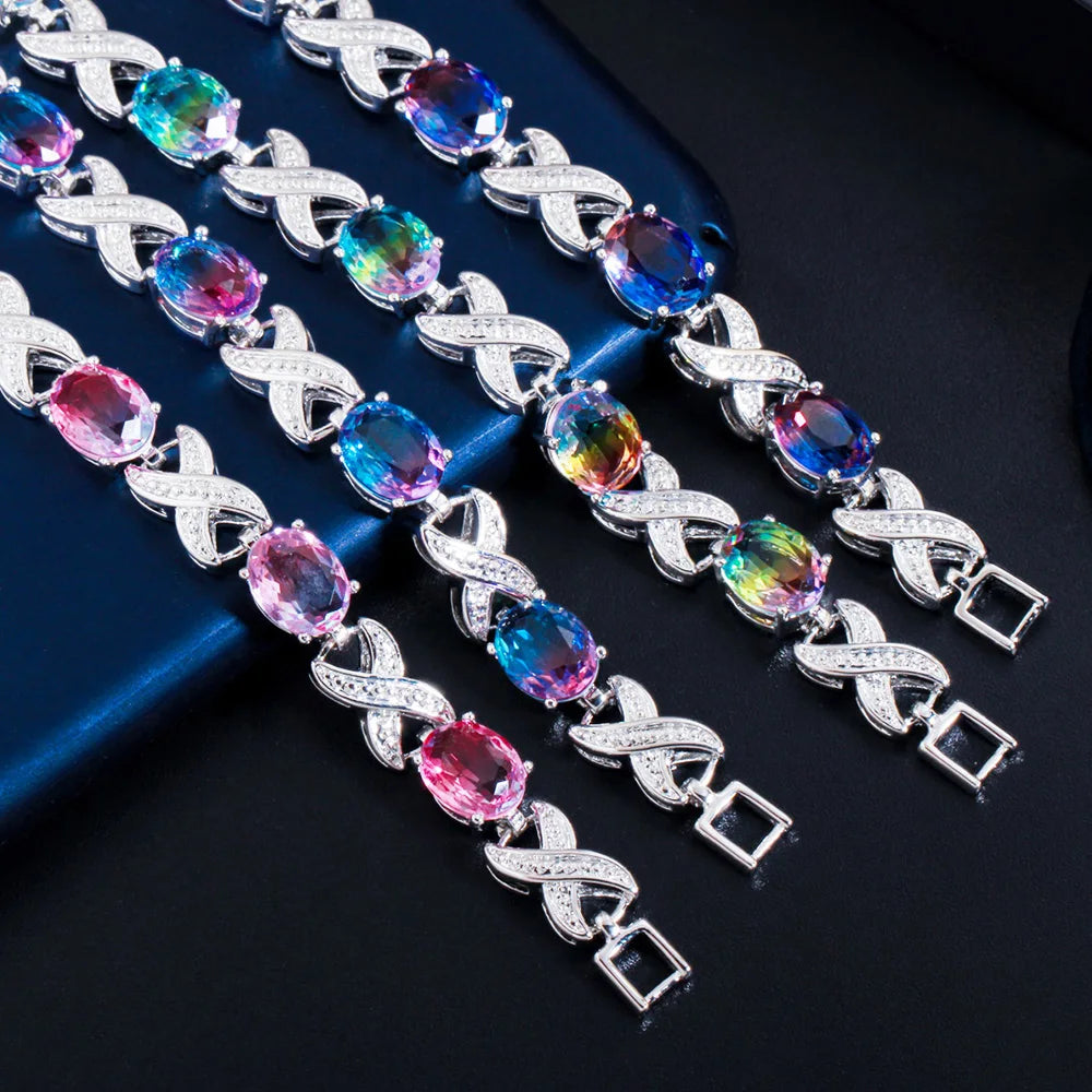 Pera Trendy Cross Oval Rainbow Cubic Zirconia Silver Color Tennis Chain Link Bracelet for Ladies Wedding Party Jewelry Gift B199