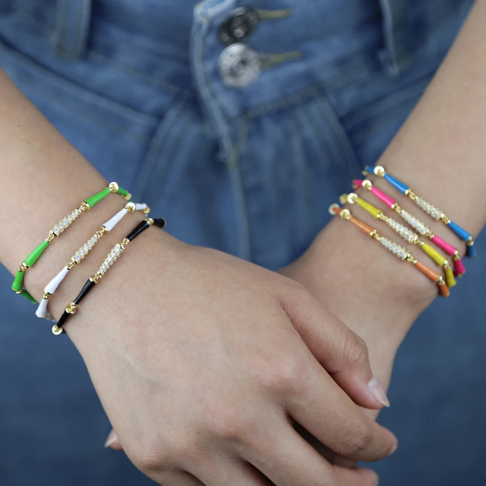 Rainbow Neon Enamel Beaded Link Chain Colorful Gold Color Women Girl New Bracelet