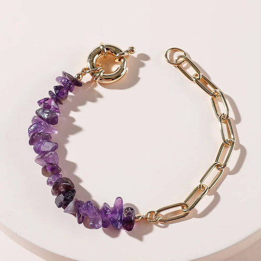 Women Fashion Half Stainless Steel Chain Half Purple Natural Crushed Stone Bracelet HD127