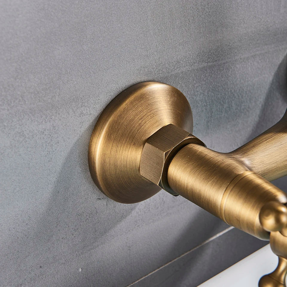 Antique Brass Kitchen Faucet Hot And Cold Water Mixer Faucets Wall Mounted Tap Vessel Sink Mixer Tap Swivel Spout Basin Mixer