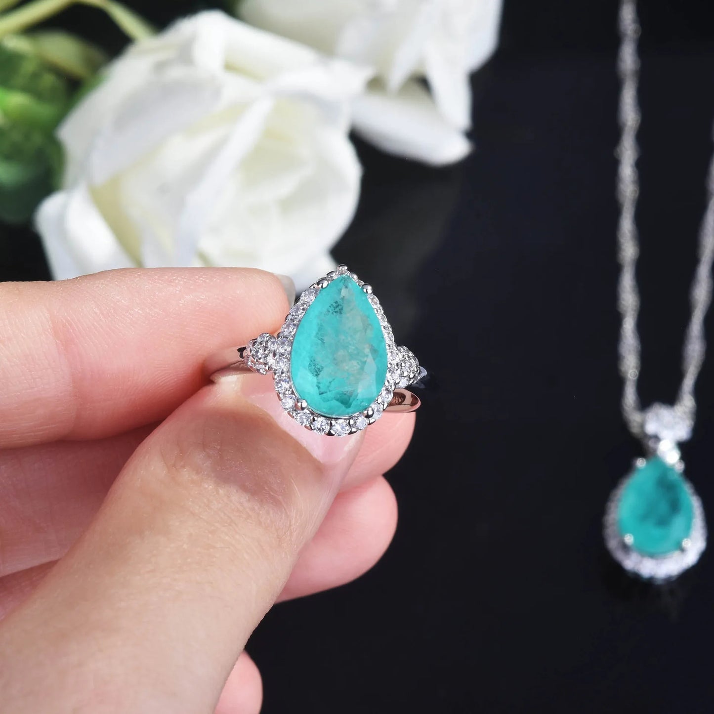 Silver Color Blue Tourmaline Necklace+Earrings+Ring Sets For Women White Gold Plated Water Drop Wedding Party Jewelry Set
