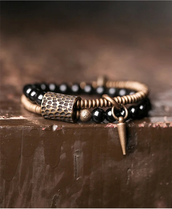 Rainbow Obsidian Beads Bracelet Hammered Brass Two Row  Health Unisex Jewelry for Women Unique Handmade Personalized Bracelet
