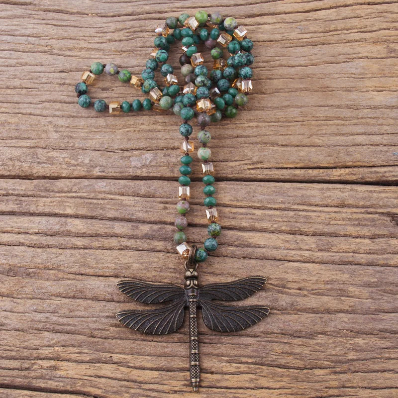 RH Fashion Bohemian Jewelry Accessory 6mm Stones/Crystal Knotted With Metal Retro Dragonfly Pendant Necklaces Women Boho Gift