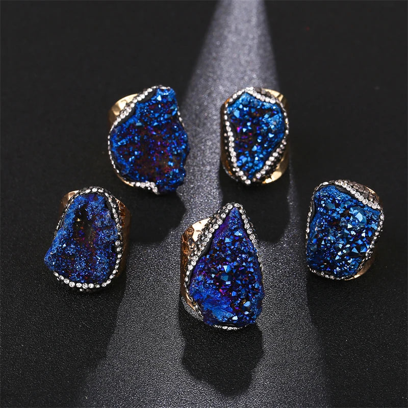 Irregular Micro Inlay Druzy Quartz Stone Open Ring for Women Gold Plated Boho Finger Jewelry Resizable
