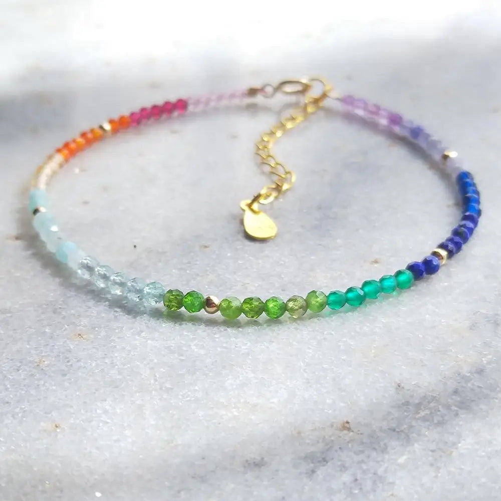 LiiJi Real Stone Small Rainbow Healing Stone 925 Sterling Silver Gold Color Adjustable Bracelet For Women Girls Jewelry