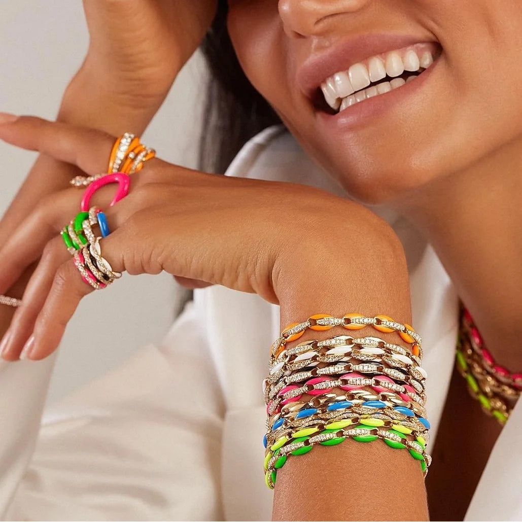 Top Quality Trendy Women Lady Jewelry Gold Color Fluorescent 7 Neon Enamel Rainbow Bead Chain Bracelet