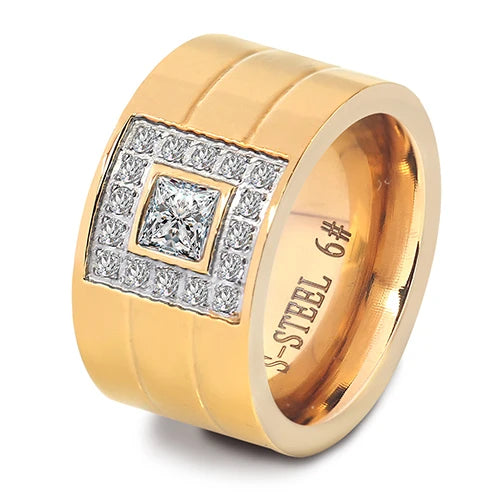 New Arrival Gold-Color Ring Bijoux 14mm Width Big Pave Setting CZ Zicon engagement Ring For Women Wedding  Jewelry