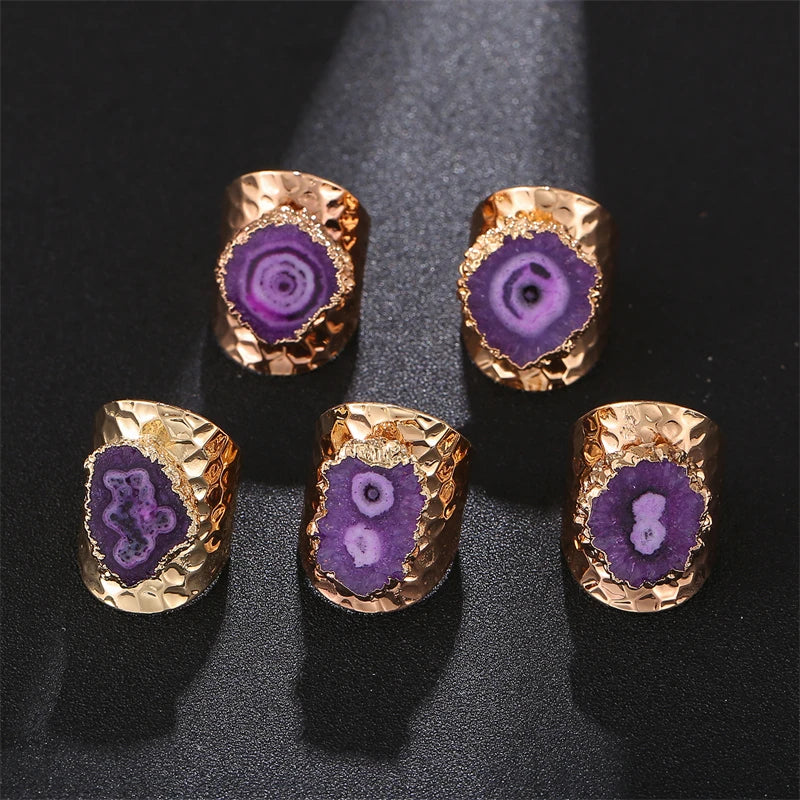 Boho Irregular Natural Stone Agate Slices Sunflower Wide Open Ring for Women Gold Plated Resizable Finger Jewelry