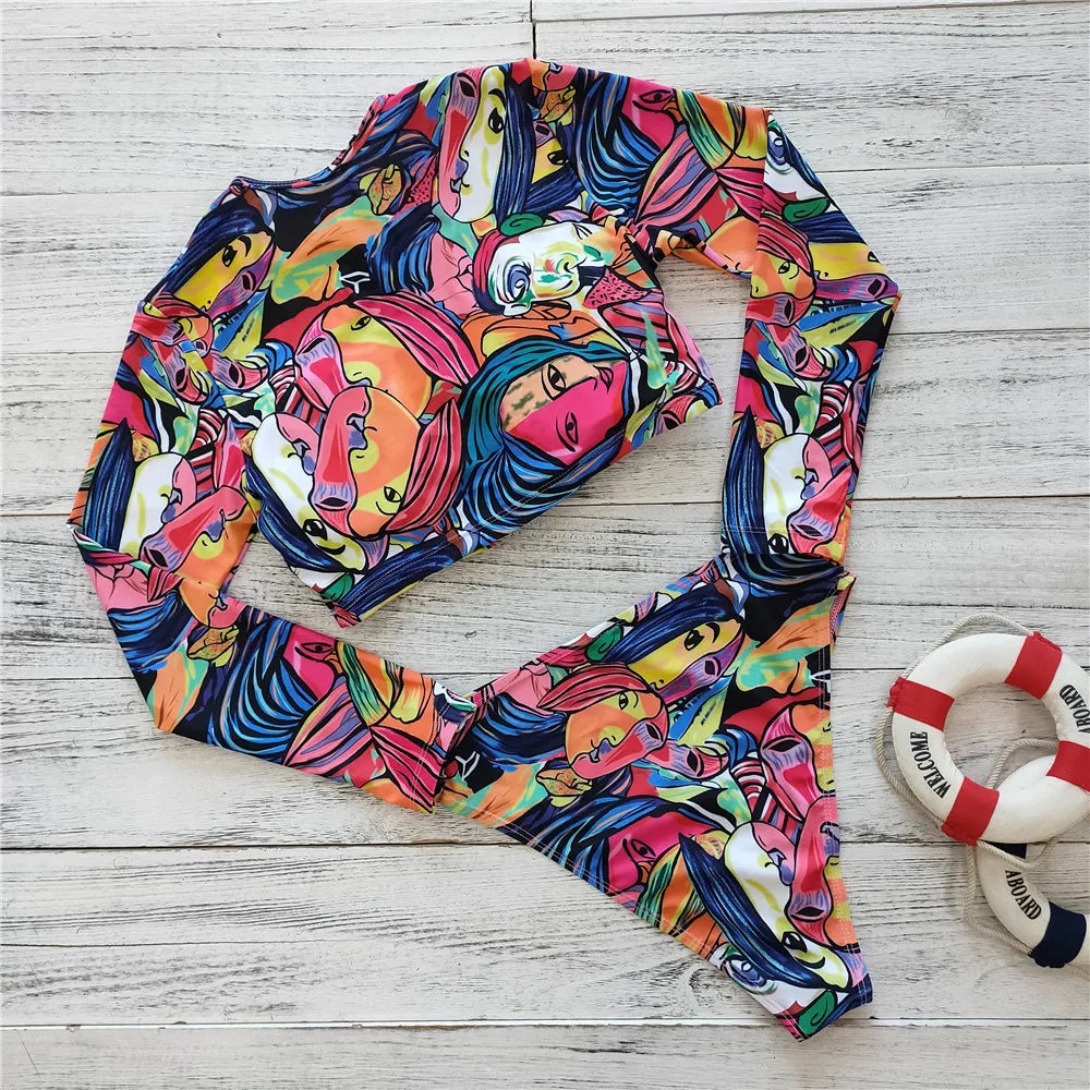 2023 Sexy Long Sleeve Bikinis Women Swimsuit Green Leaves Print Bathing Suits Beachwear Brazilian Bikini Set Biquini Female