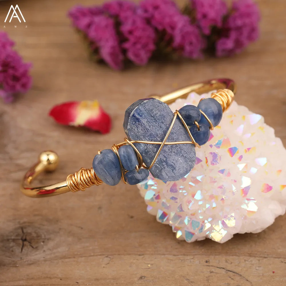 Natural Blue Kyanite Stone Open Bangle For Women High Quality Handmade Birthday Wedding Jewelry Gifts