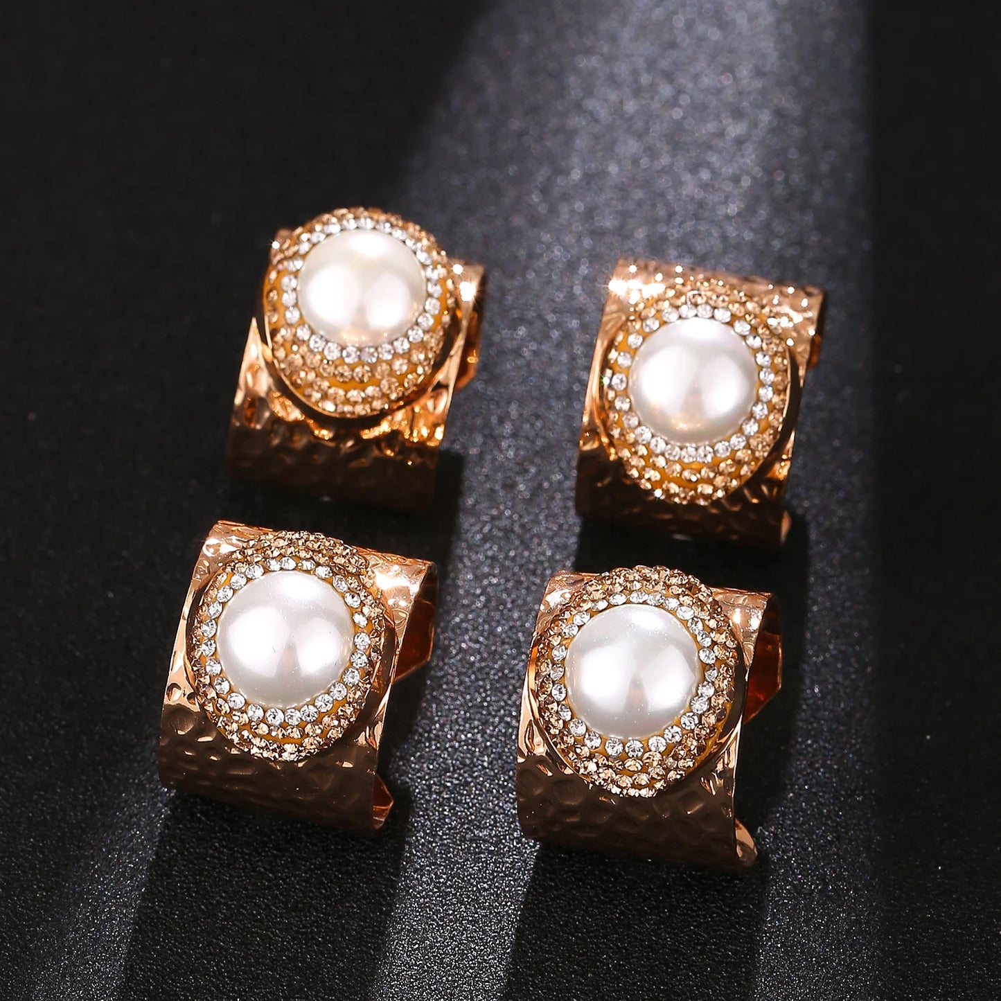 Micro Inlay Full Rhinestone Gold Plated Pearl Bride Engagement Wedding Open Ring Resizable
