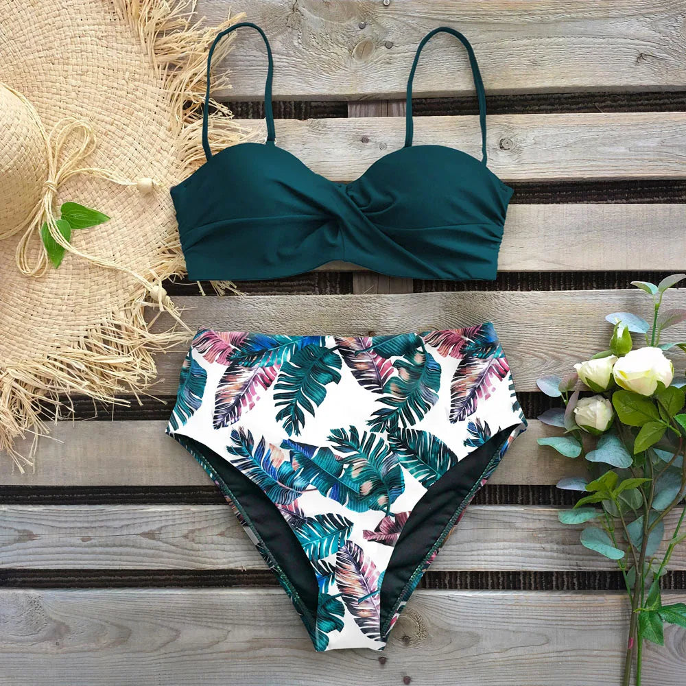 2024 Sexy Leaf Print Bikini Female Swimsuit Women Swimwear Thong Push Up Bikinis Set High Waist Swimming Suits for Bathing Suit