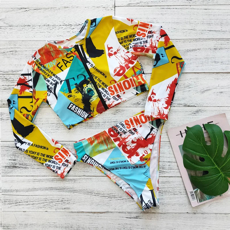 2023 Sexy Long Sleeve Bikinis Women Swimsuit Green Leaves Print Bathing Suits Beachwear Brazilian Bikini Set Biquini Female
