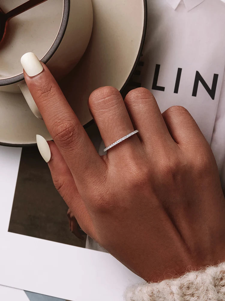 BAMOER 925 Sterling Silver Full pave ring Rainbow CZ Simulated Diamond Stackable Ring Platinum Plated Eternity Bands for Women