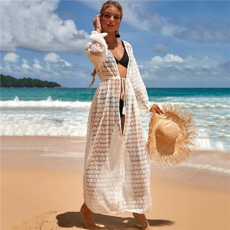 2024 Crochet White Knitted Beach Cover Up Dress Tunic Long Pareos Bikinis Cover Ups Swim Cover Up Robe Plage Beachwear