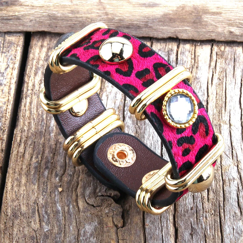 RH Fashion Boho Leather Armbander Goldcolor Metal Rectangle Real Leopard Horsetail Leather Bracelets For Women Gift DropShip