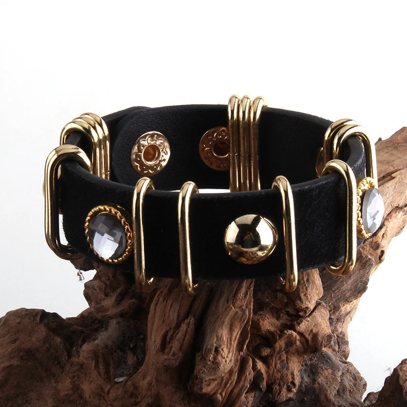 RH Fashion Boho Leather Armbander Goldcolor Metal Rectangle Real Leopard Horsetail Leather Bracelets For Women Gift DropShip