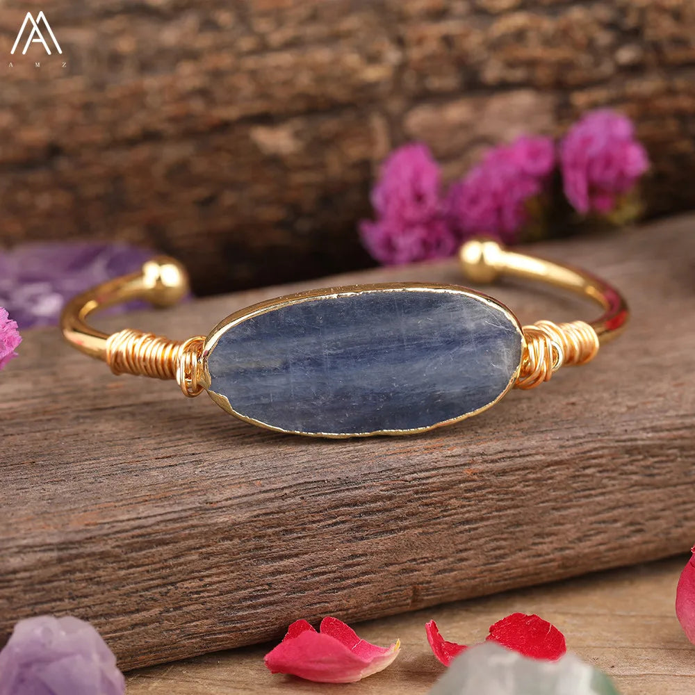 Natural Blue Kyanite Stone Open Bangle For Women High Quality Handmade Birthday Wedding Jewelry Gifts