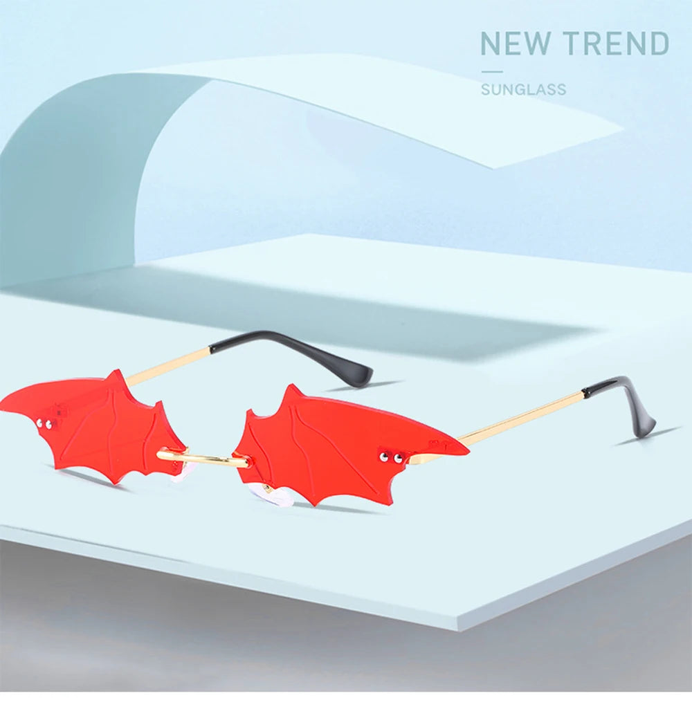 Fashion Rimless Men Sunglasses Women Trendy Bat Shaped Sun Glasses Female Male Vintage Black Mirror Shades Metal Oculos De Sol