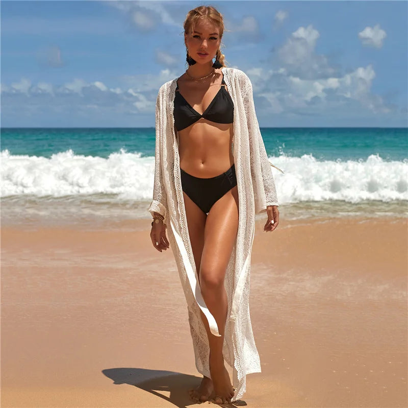 2024 Crochet White Knitted Beach Cover Up Dress Tunic Long Pareos Bikinis Cover Ups Swim Cover Up Robe Plage Beachwear