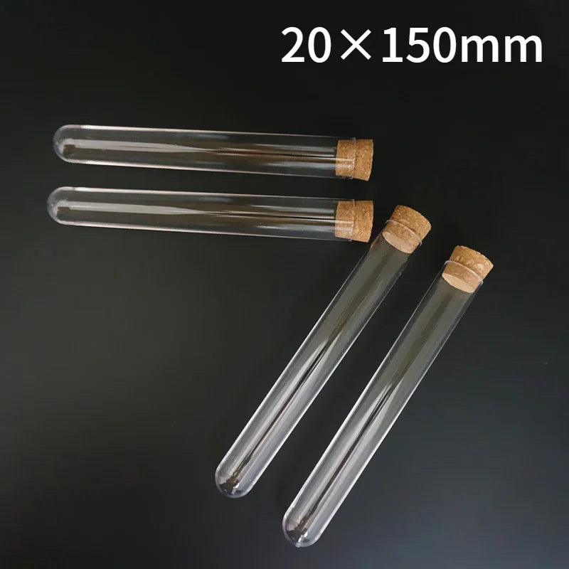 5pcs/lot 20x150mm Transparent Plastic Round Bottom Test Tubes With Cork Stopper For School/Laboratory
