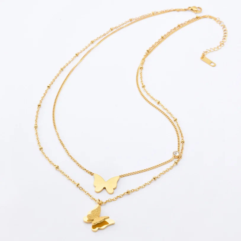 316L Stainless Steel New Fashion Upscale Jewelry 2 Layer Zircon Butterfly Charms Beaded Chain Choker Necklaces Pendant For Women