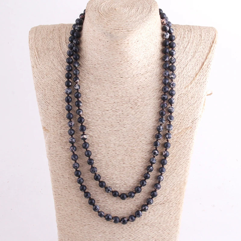 New Bohemian Jewelry long Knotted Halsband 8mm 125-128cm Double wrap Natural Stone Necklace