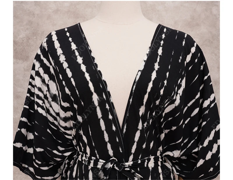 2023 Bikini Cover-ups Black Retro Striped Self Belted Women Summer Clothing Kimono Dress Beach Wear Swim Suit Cover Up Q1225