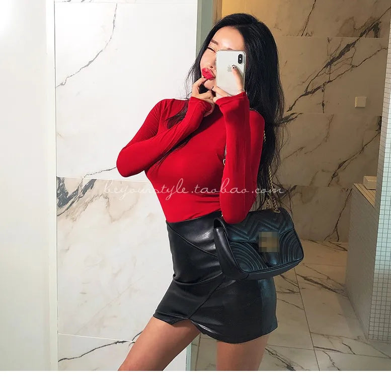 T Shirt Women Turtleneck Spring Top Sexy Elasticity T-Shirt Korean Tee Woman Clothes Slim Tshirt Female Skinny Long Sleeve Tops