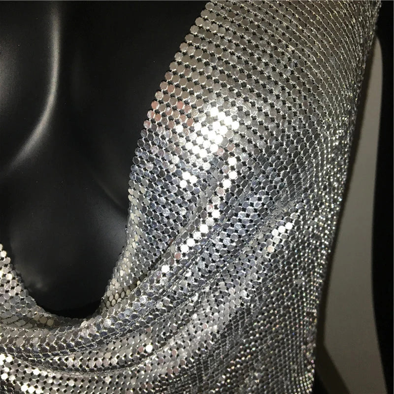 AKYZO Women 2023 Sexy Metal Sequined Tank Camis Summer Gold Silver Backless Cropped Glitter Beach Club Show Wear Tank Tops