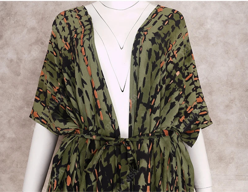 2023 Bikini Cover-ups Black Retro Striped Self Belted Women Summer Clothing Kimono Dress Beach Wear Swim Suit Cover Up Q1225