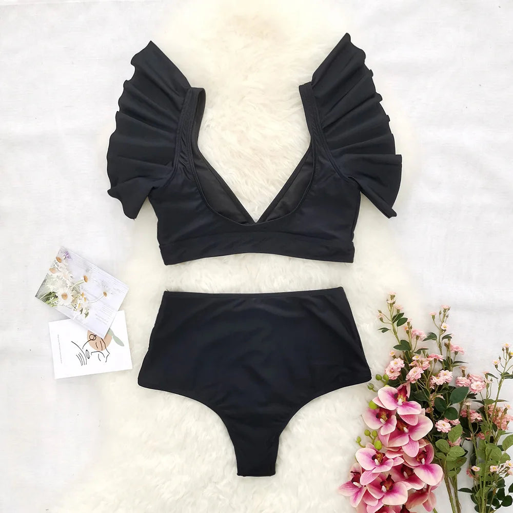 Ruffle Swimsuit 2024 New High Waist Bikini Solid Swimwear Women Sexy Bikinis Push Up Swim Wear Female Bathing Suit Beachwear